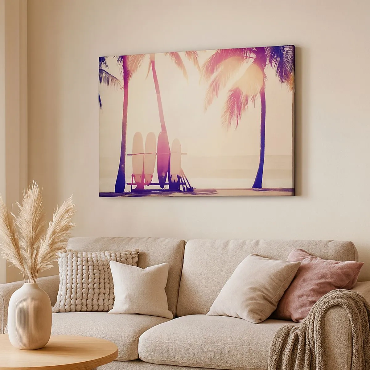 Schilderen op canvas - Palmbomen en surfplanken op het strand in de zon - 70x50cm - Het wordt een geweldige dag - Moderne wanddecoratie voor woonkamer en slaapkamer ARTTOR