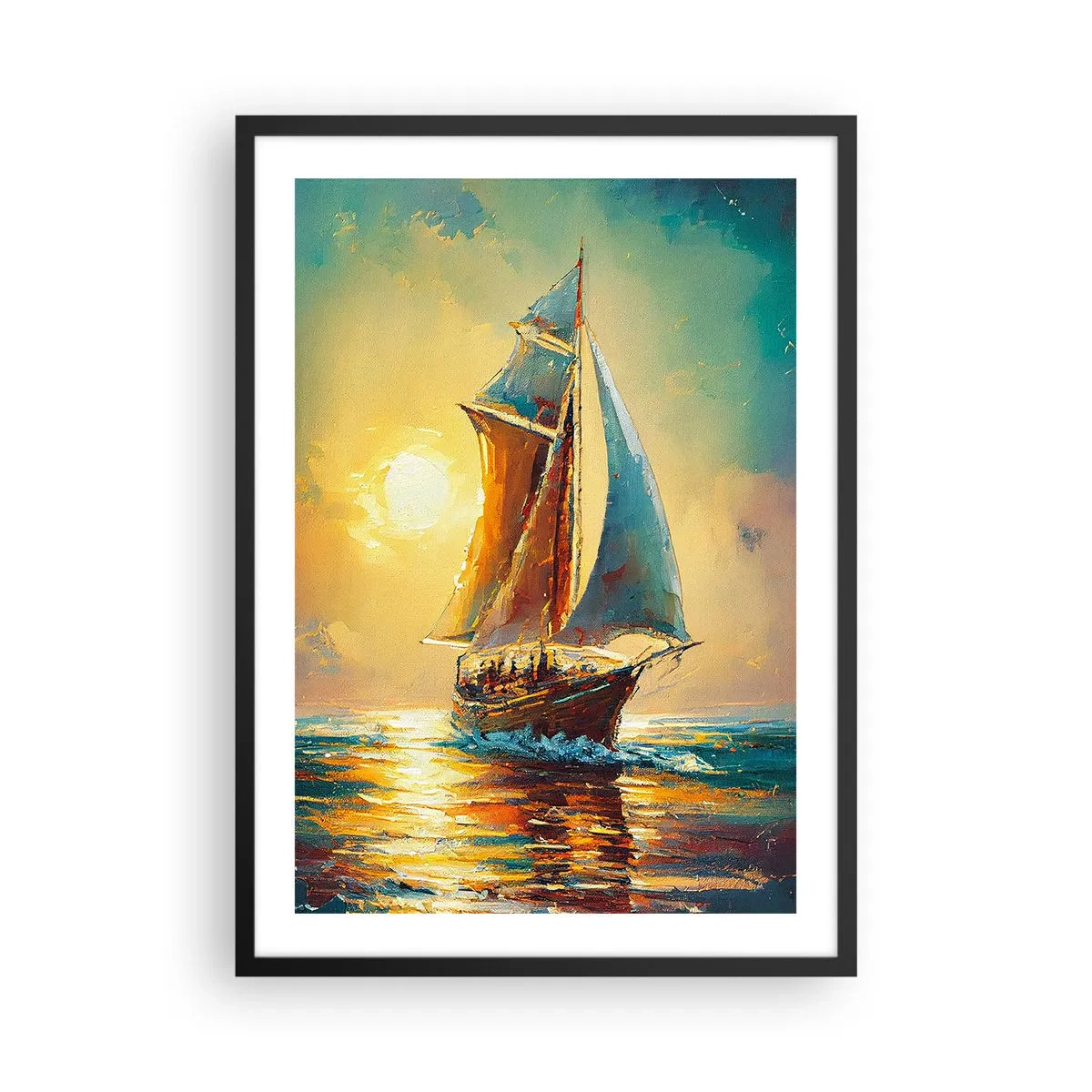 Poster in een zwarte lijst - Een zeilschip tegen de achtergrond van een gouden zonsondergang - 50x70cm - Onder vol zeil - Moderne wanddecoratie voor woonkamer en slaapkamer ARTTOR