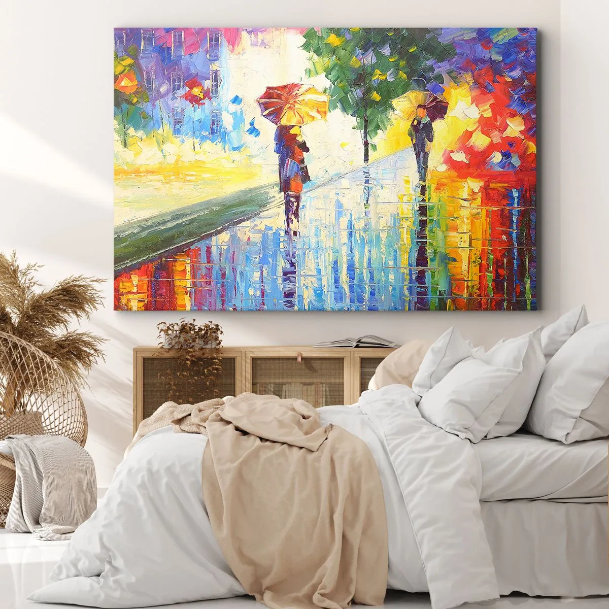 Schilderen op canvas - Een wandeling met een paraplu in een kleurrijk regenlandschap - 70x50cm - Nu is het helemaal duidelijk - Moderne wanddecoratie voor woonkamer en slaapkamer ARTTOR