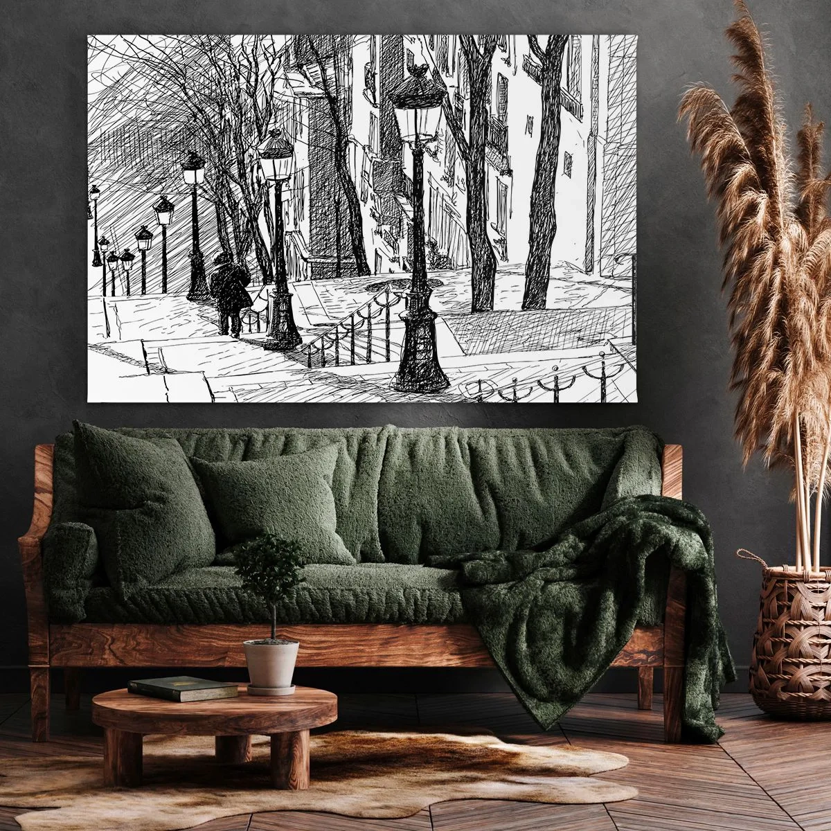 Schilderen op canvas - Een straat met lampen en een menselijk silhouet in schetstechniek - 70x50cm - Een liefdesverhaal of een horrorverhaal? - Moderne wanddecoratie voor woonkamer en slaapkamer ARTTOR