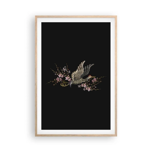 Een poster in een licht eiken lijst - Exotische geborduurde vogel - 61x91 cm