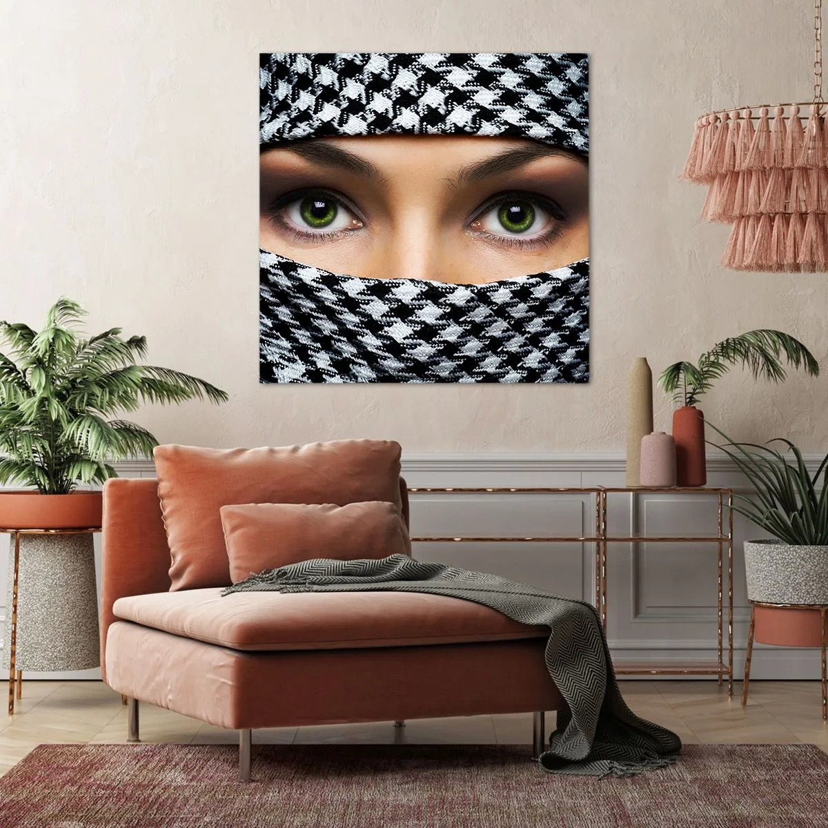 Schilderen op canvas - Portret van een gesluierde schoonheid met groene ogen - 40x40 cm