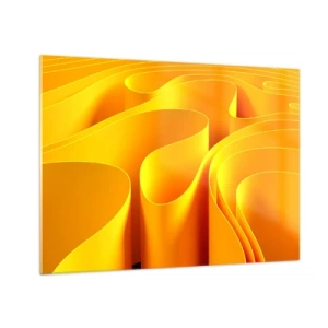 Schilderen op glas - Abstracte golven in tinten goud en oranje - 70x50cm - Als de golven van de zon - Moderne wanddecoratie voor woonkamer en slaapkamer ARTTOR