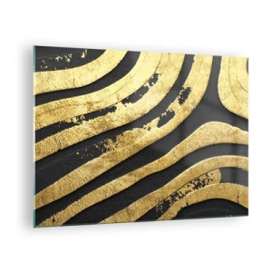 Schilderen op glas - Gouden abstracte lijnen op een zwarte achtergrond in een glamoureuze stijl - 70x50cm - Alles vloeit - Moderne wanddecoratie voor woonkamer en slaapkamer ARTTOR