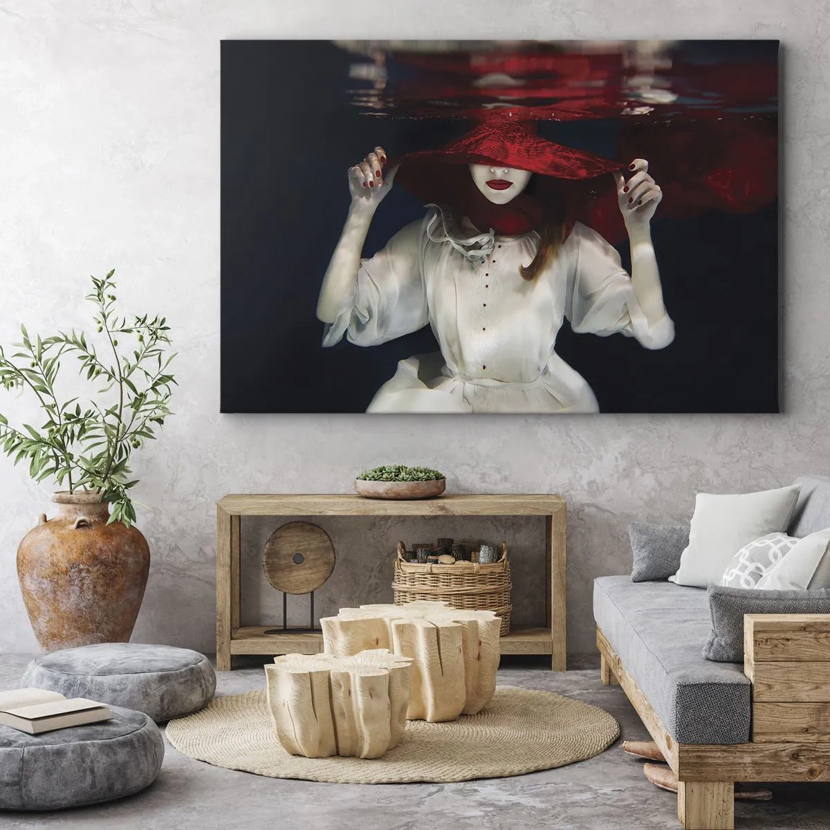 Schilderen op canvas - Een vrouw met een rode hoed ondergedompeld in water - 70x50cm - Hatelijke godin in de Slavische mythologie - Moderne wanddecoratie voor woonkamer en slaapkamer ARTTOR
