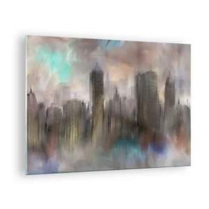 Schilderen op glas - Abstract beeld van een stad met wolkenkrabbers - 70x50cm - Een compositie van staal, steen en mist - Moderne wanddecoratie voor woonkamer en slaapkamer ARTTOR