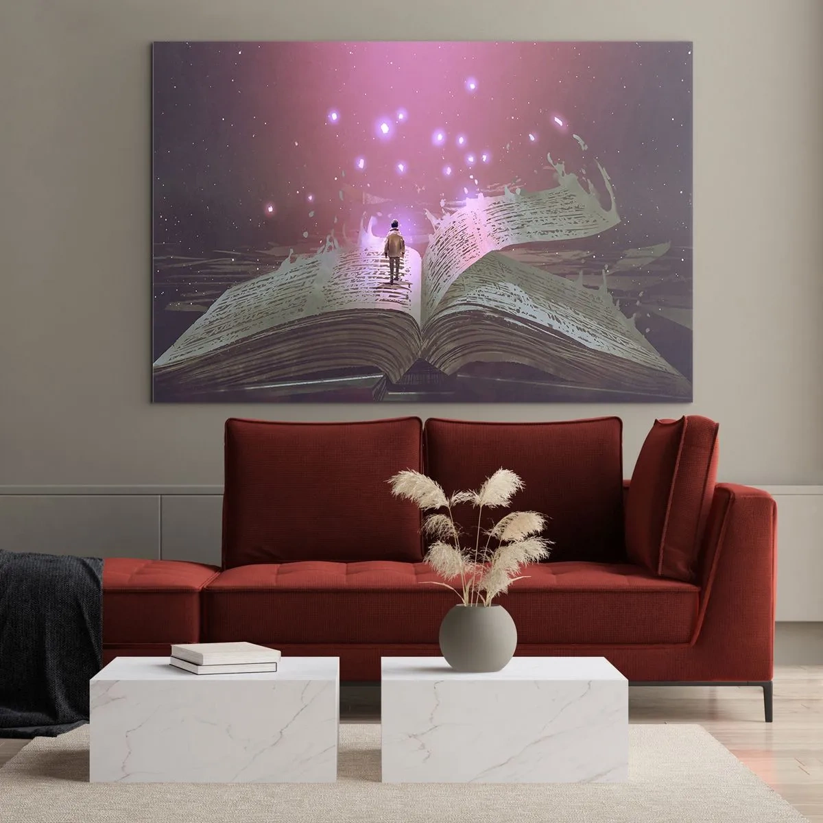 Schilderen op glas - Een open boek waaruit magisch licht en sterren zweven - 70x50cm - Uitnodiging voor een andere wereld - lees! - Moderne wanddecoratie voor woonkamer en slaapkamer ARTTOR