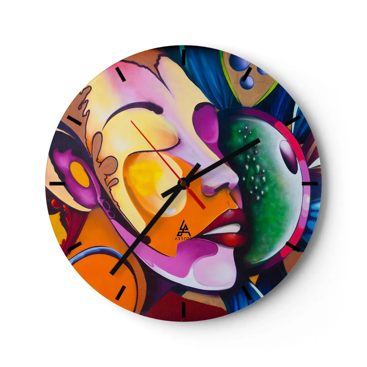 Wandklok - Klok - Een abstract portret in levendige kleuren met surrealistische vormen. - 30x30cm - Aanraken met kleur - Moderne wanddecoratie voor woonkamer, keuken en slaapkamer ARTTOR