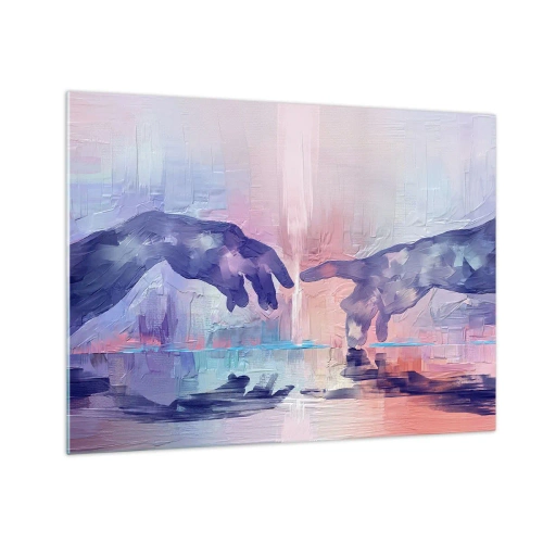 Schilderen op glas - Abstracte handen die elkaar naderen tegen een pastelkleurige achtergrond. - 70x50cm - Goddelijke levensvonk - Moderne wanddecoratie voor woonkamer en slaapkamer ARTTOR