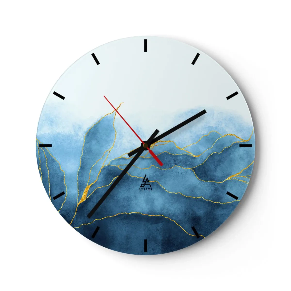 Wandklok - Klok - Abstracte blauwe bergen met gouden lijnen op een lichte achtergrond - 30x30cm - Blauw in goud - Moderne wanddecoratie voor woonkamer, keuken en slaapkamer ARTTOR