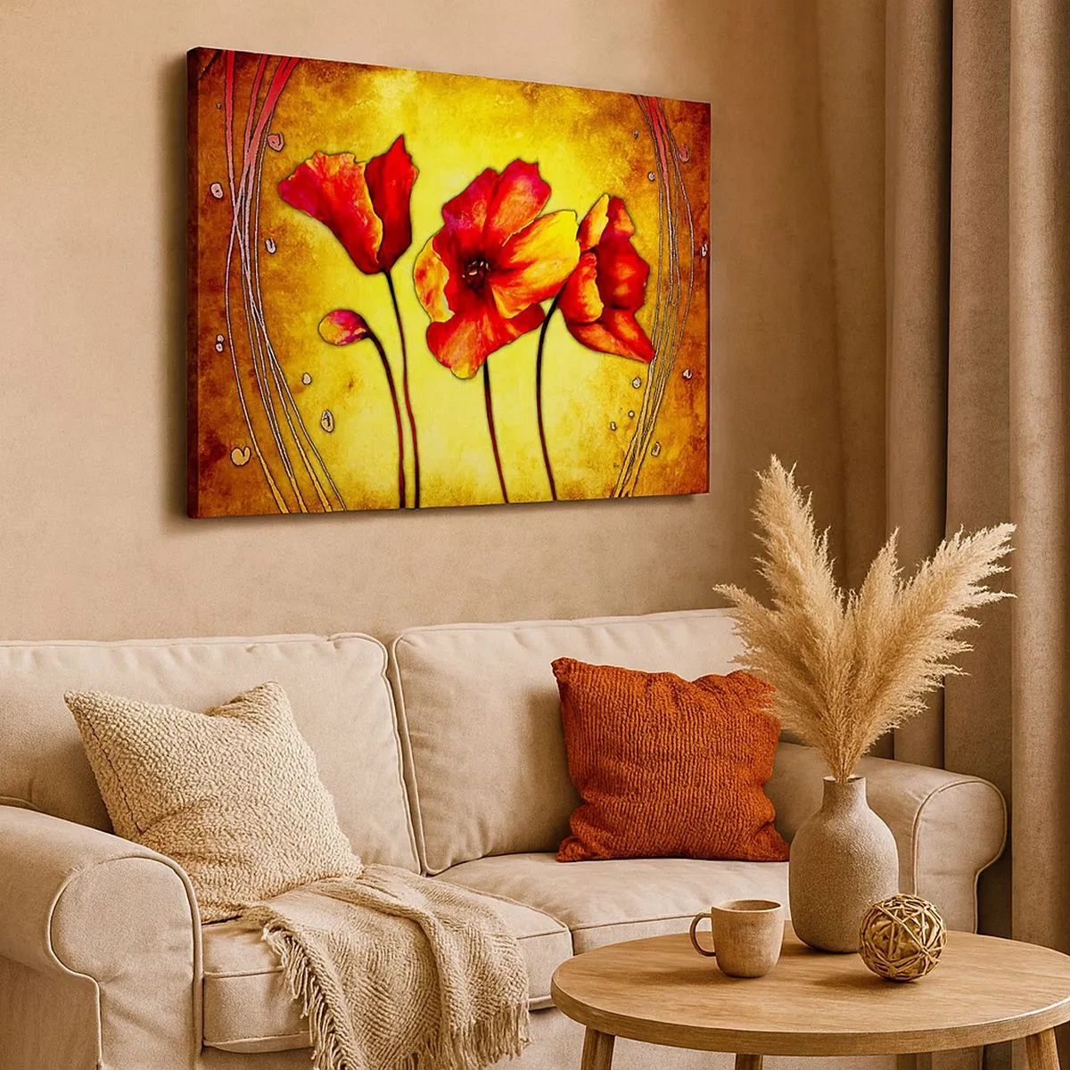 Schilderen op canvas - Rode en gele bloemen op een gouden achtergrond met decoratieve patronen - 70x50cm - In Art Nouveau-decoraties - Moderne wanddecoratie voor woonkamer en slaapkamer ARTTOR