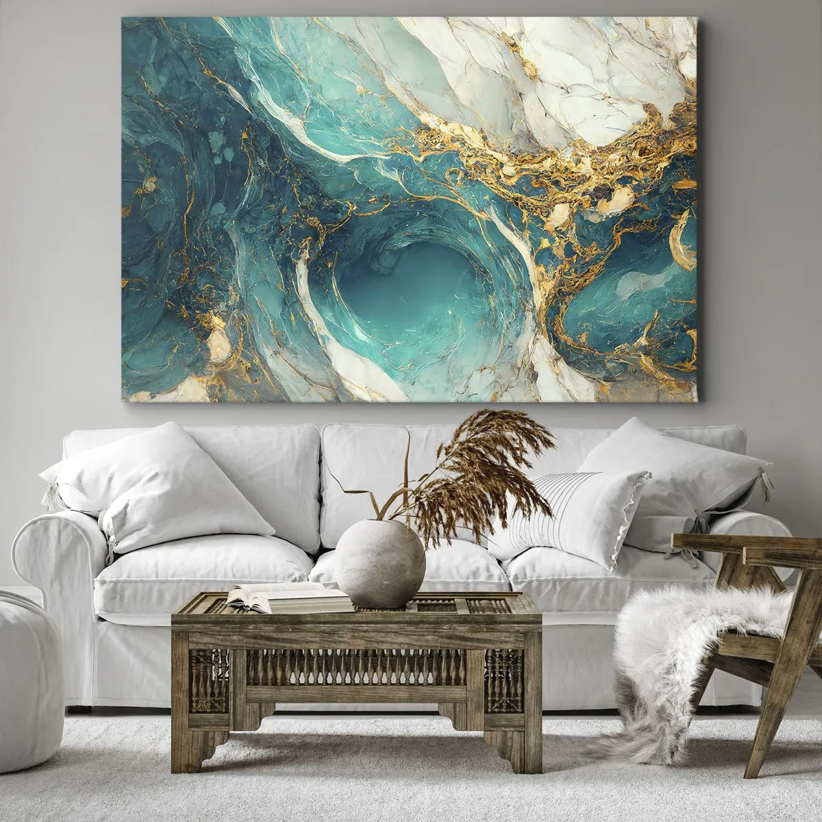 Schilderen op canvas - Een abstracte compositie in tinten turquoise en goud. - 70x50cm - Compositie met goudaders - Moderne wanddecoratie voor woonkamer en slaapkamer ARTTOR