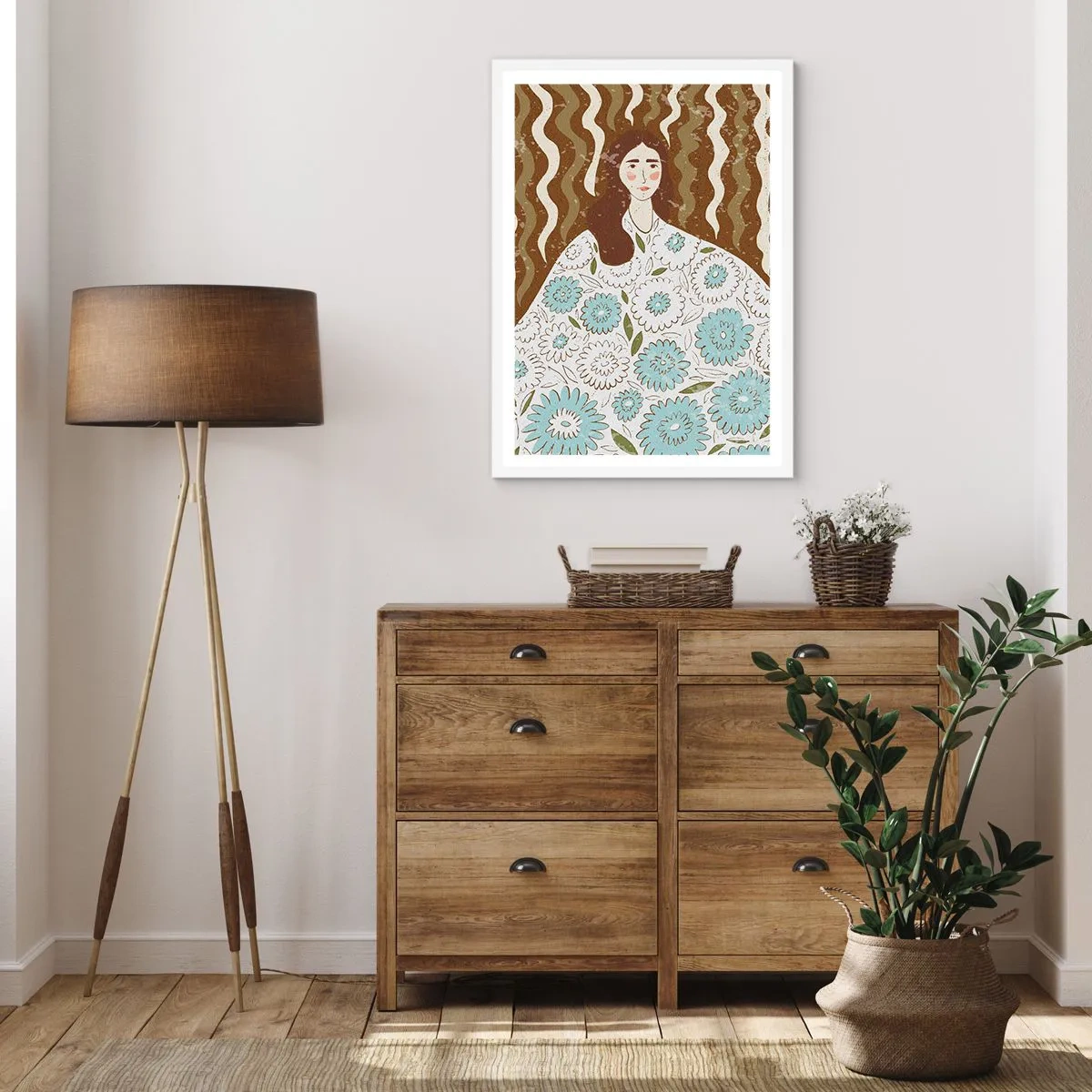 Poster in een witte lijst - Portret in een bloemengewaad - 50x70 cm