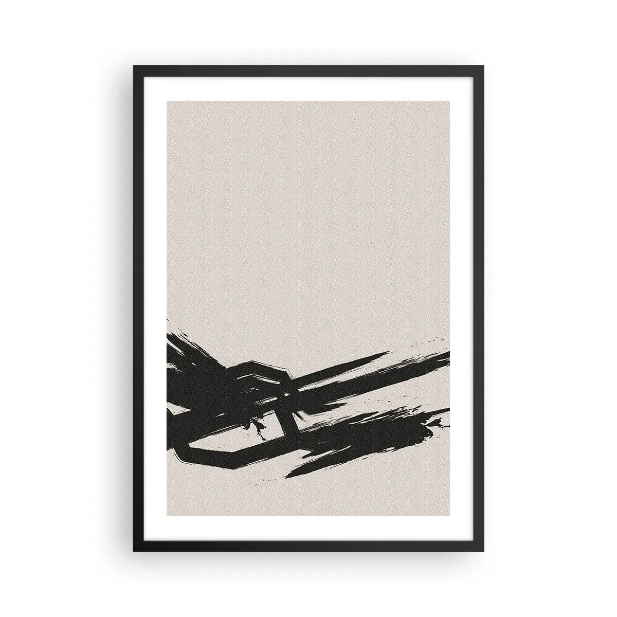 Poster in een zwarte lijst - Dynamische abstractie met een penseelstreek in zwart - 50x70cm - Onstuitbare haast - Moderne wanddecoratie voor woonkamer en slaapkamer ARTTOR