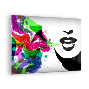 Schilderen op glas - Een kleurrijke abstractie met een vrouwelijk profiel en kleurspatten. - 70x50cm - Een verhaal in de kleuren van de regenboog - Moderne wanddecoratie voor woonkamer en slaapkamer ARTTOR