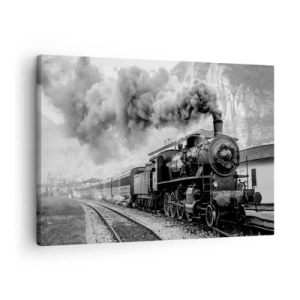 Schilderen op canvas - Een zwart-witte stoomlocomotief tegen een berglandschap - 70x50cm - Staat op het station... - Moderne wanddecoratie voor woonkamer en slaapkamer ARTTOR