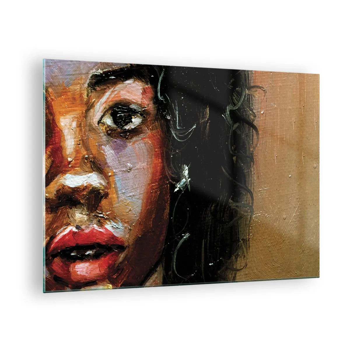 Schilderen op glas - Fragment van een kleurrijk portret van een vrouw in schilderachtige stijl - 70x50cm - Zwart en gloed - Moderne wanddecoratie voor woonkamer en slaapkamer ARTTOR