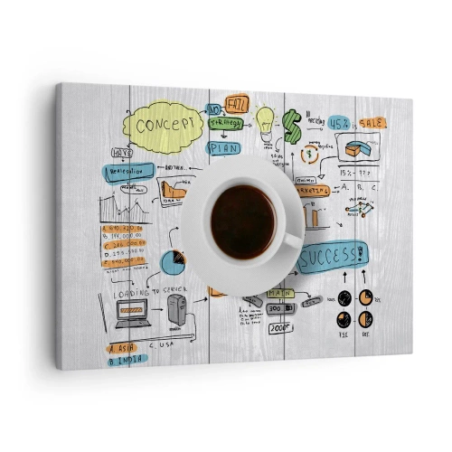 Schilderen op canvas - Een kopje koffie tegen de achtergrond van een conceptuele tekening - 70x50cm - Tijd voor een pauze - Moderne wanddecoratie voor woonkamer en slaapkamer ARTTOR