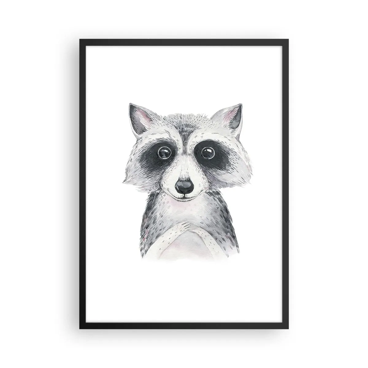 Poster in een zwarte lijst - Een schattige wasbeer afgebeeld op een witte achtergrond - 50x70cm - Een moment om te verhuizen - Moderne wanddecoratie voor woonkamer en slaapkamer ARTTOR