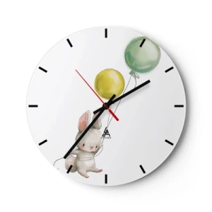 Wandklok - Klok - Een konijntje dat een groen-gele ballon in de lucht houdt - 30x30cm - Ik ga ook vliegen! - Moderne wanddecoratie voor woonkamer, keuken en slaapkamer ARTTOR