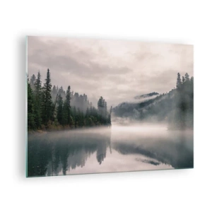 Schilderen op glas - Ochtendgezicht van een meer in het bos, gehuld in mist - 70x50cm - In reflectie, in de mist - Moderne wanddecoratie voor woonkamer en slaapkamer ARTTOR