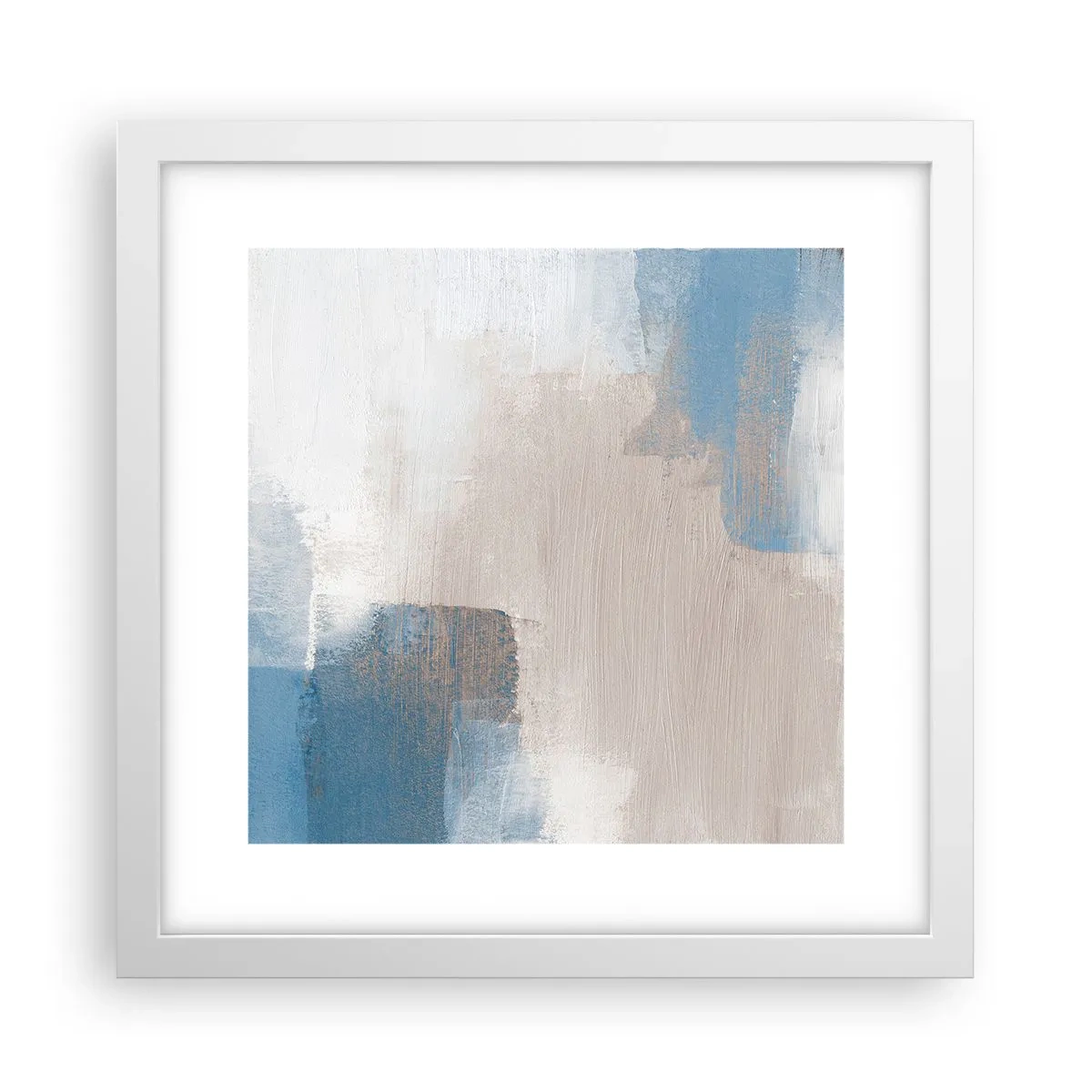 Poster in een witte lijst - Roze abstractie achter een blauw gordijn - 30x30 cm