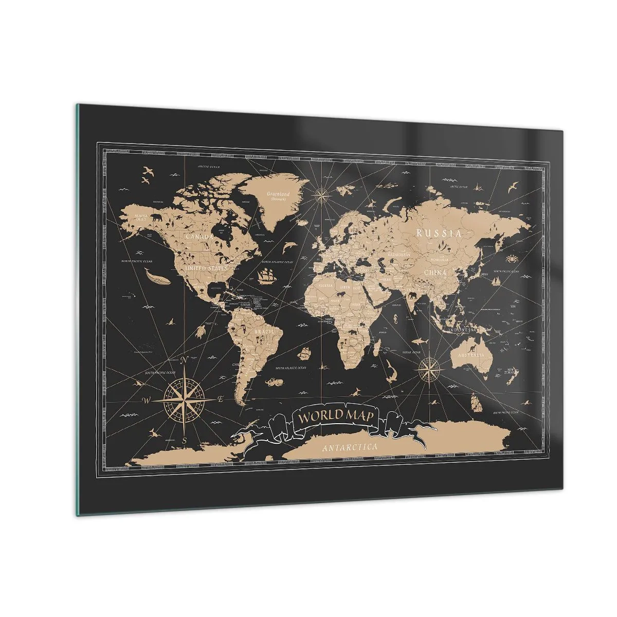 Schilderen op glas - Gestileerde wereldkaart in tinten beige en zwart - 70x50cm - De grenzen van mijn wereld - Moderne wanddecoratie voor woonkamer en slaapkamer ARTTOR