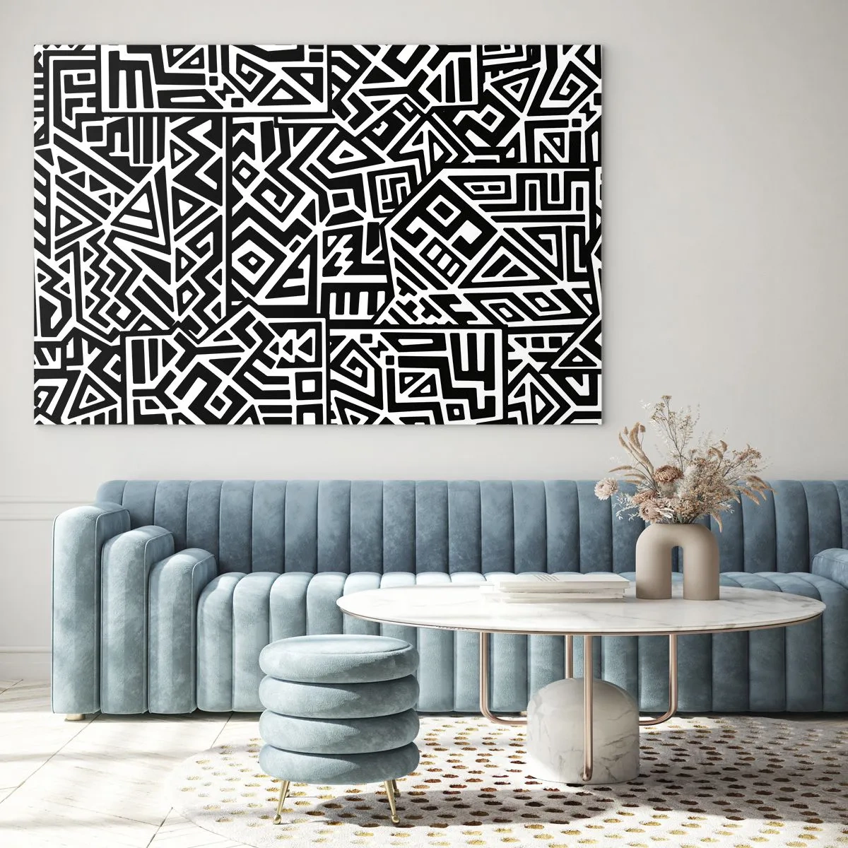 Schilderen op glas - Zwart-wit patroon geïnspireerd door tribale kunst - 70x50cm - Pre-Columbiaanse compositie - Moderne wanddecoratie voor woonkamer en slaapkamer ARTTOR
