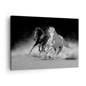 Schilderen op canvas - Rennende paarden in zwart-wit - 70x50cm - Vrijheidsgalop - Moderne wanddecoratie voor woonkamer en slaapkamer ARTTOR