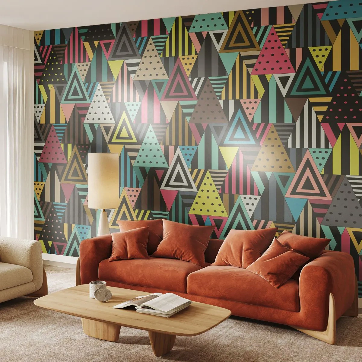 Zelfklevend Fotobehang Deluxe Sticker - In ritme op drie - Abstractie, Deel, Driehoeken - 250x175 cm