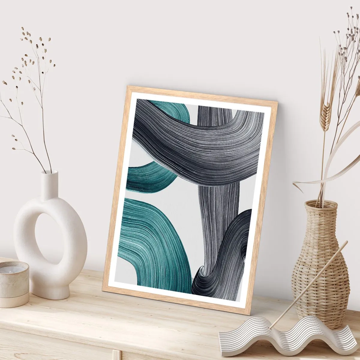Een poster in een licht eiken lijst - Smaragdgroene en zwarte paden - 70x100 cm