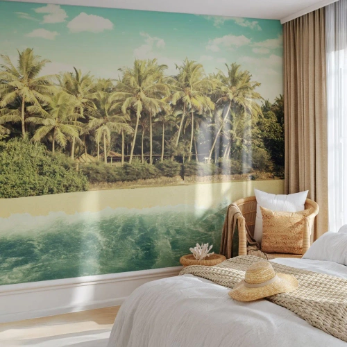 Fotobehang Premium Canvas - Hoe zit het hier? - Landschap, Strand, Kokospalm - 100x70 cm