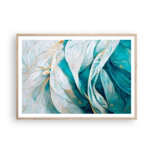 Een poster in een licht eiken lijst - Blauwe abstractie met een gouden motief - 100x70 cm