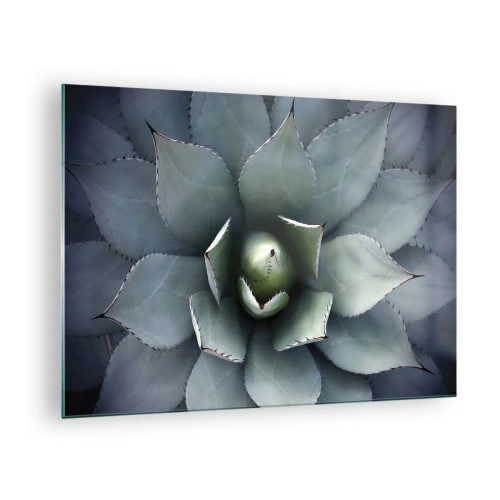 Schilderen op glas - Een close-up van de symmetrische, staalkleurige agavebladeren. - 70x50cm - Het trekt aan en waarschuwt - Moderne wanddecoratie voor woonkamer en slaapkamer ARTTOR