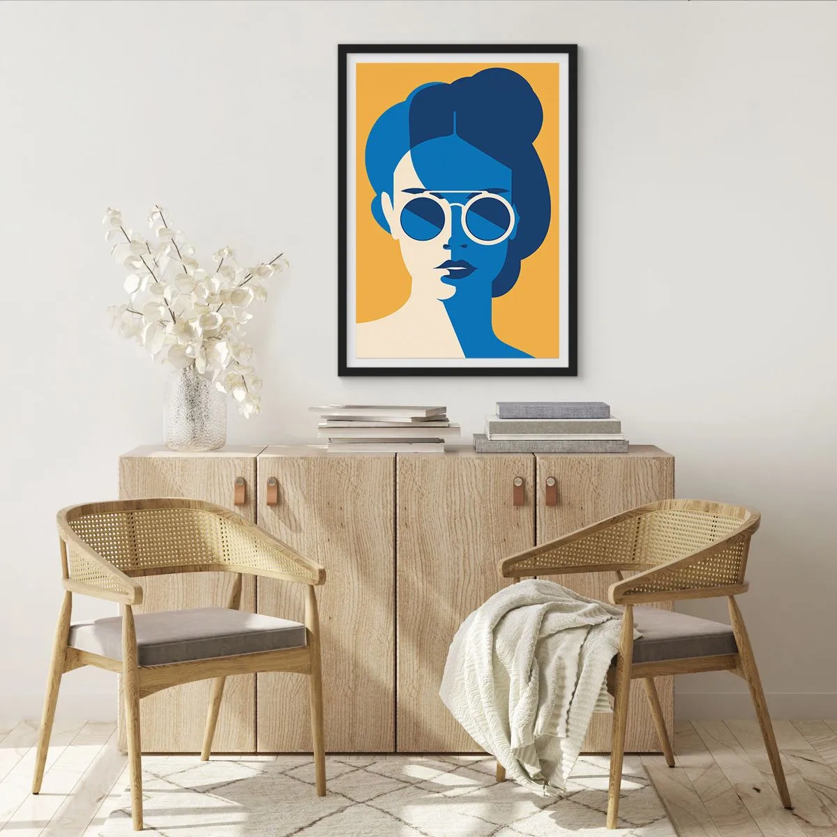 Poster in een zwarte lijst - Abstract portret van een vrouw met een zonnebril - 50x70cm - Vakantie-look - Moderne wanddecoratie voor woonkamer en slaapkamer ARTTOR