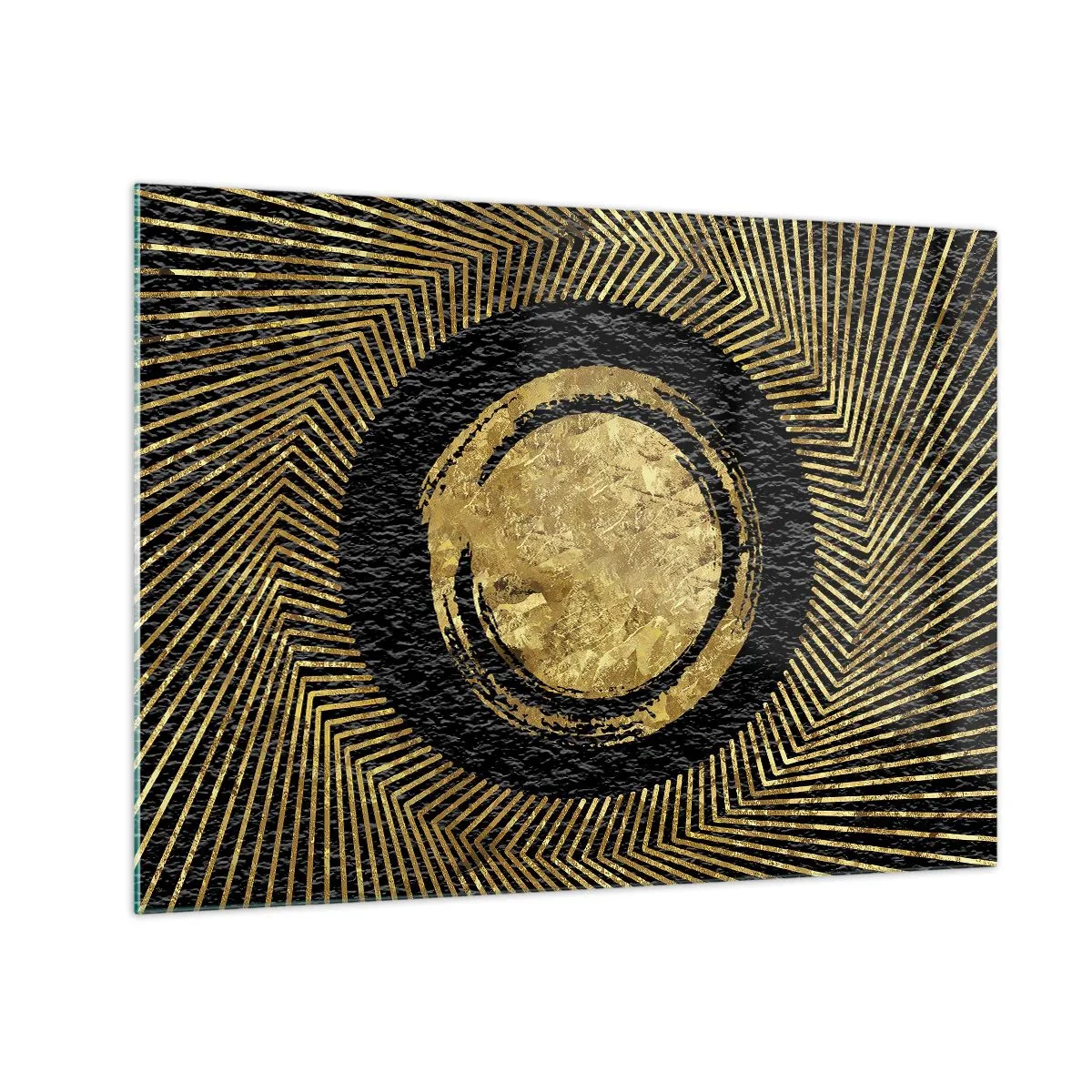 Schilderen op glas - Gouden cirkel met stralen op een zwarte achtergrond in een glamoureuze stijl - 70x50cm - Glamour-compositie - Moderne wanddecoratie voor woonkamer en slaapkamer ARTTOR