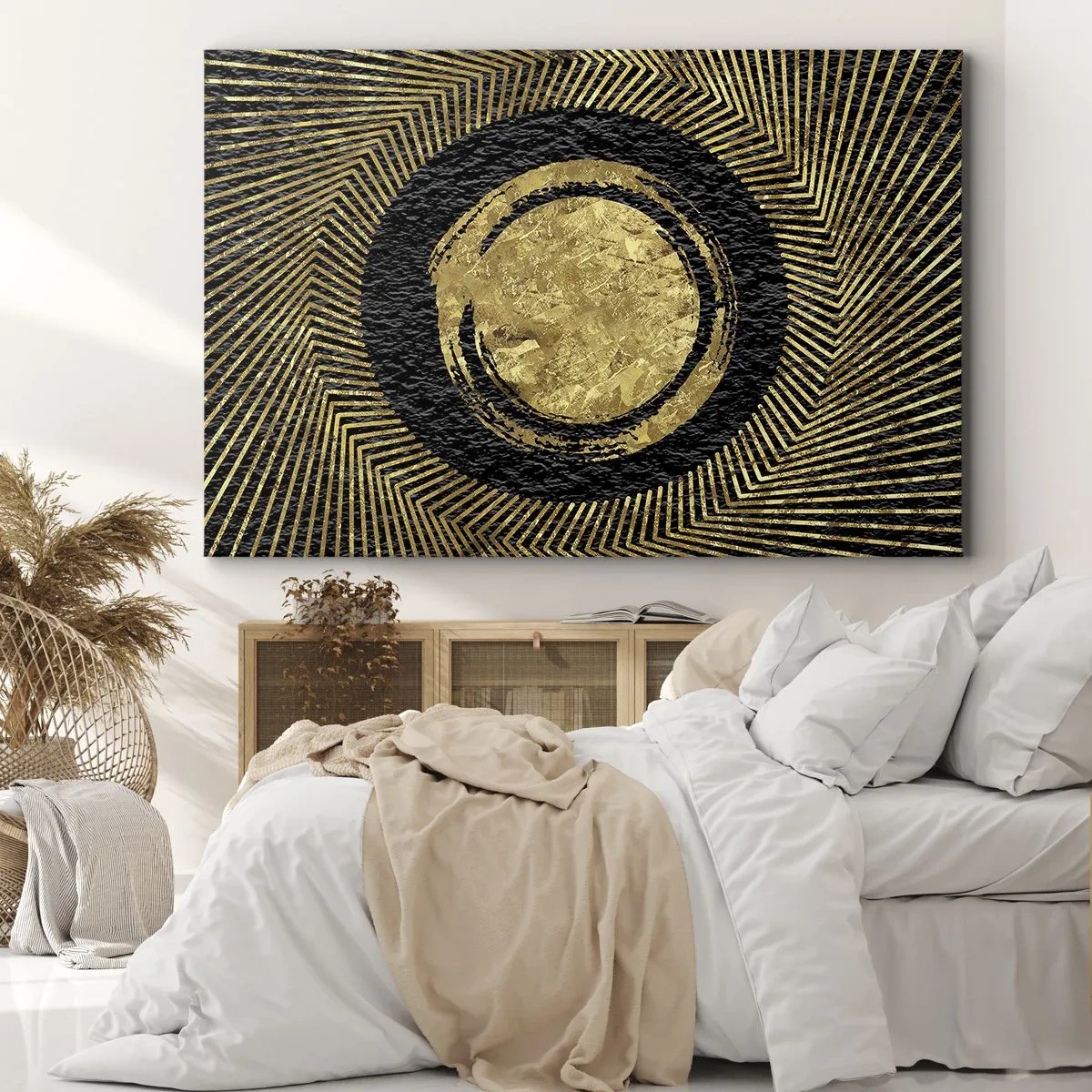 Schilderen op canvas - Geometrische compositie in zwart en goud met stralen - 70x50cm - Glamour-compositie - Moderne wanddecoratie voor woonkamer en slaapkamer ARTTOR