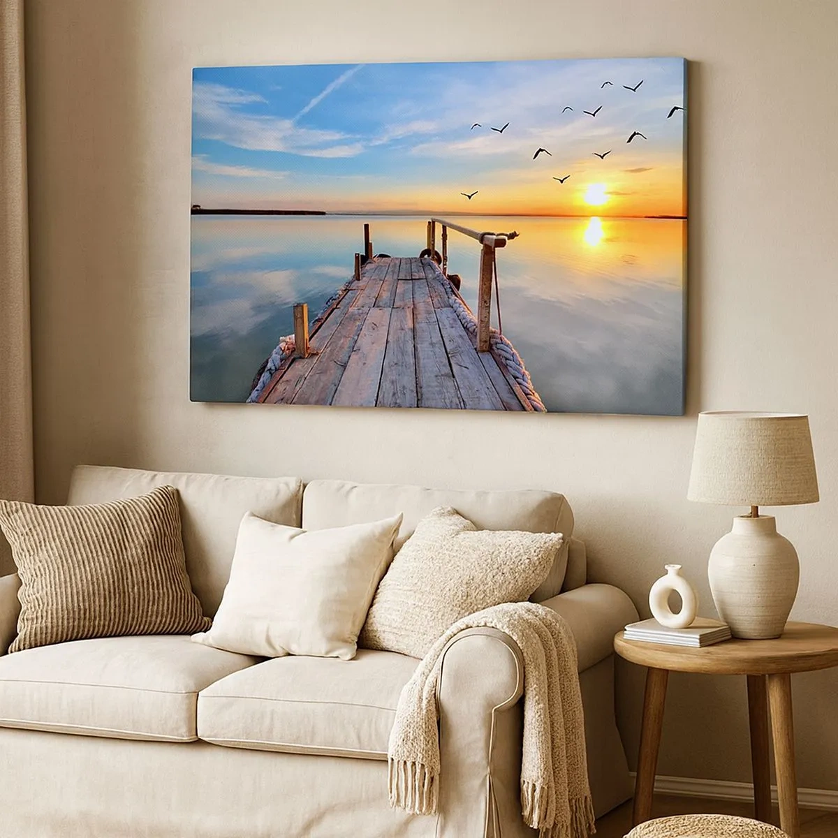 Schilderen op canvas - Houten pier bij zonsondergang op een kalm meer - 70x50cm - Loop recht naar de zon - Moderne wanddecoratie voor woonkamer en slaapkamer ARTTOR