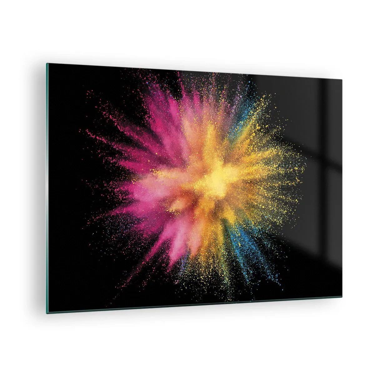 Schilderen op glas - Kleurrijke poederexplosie op een zwarte achtergrond - 70x50cm - De geboorte van kleuren - Moderne wanddecoratie voor woonkamer en slaapkamer ARTTOR