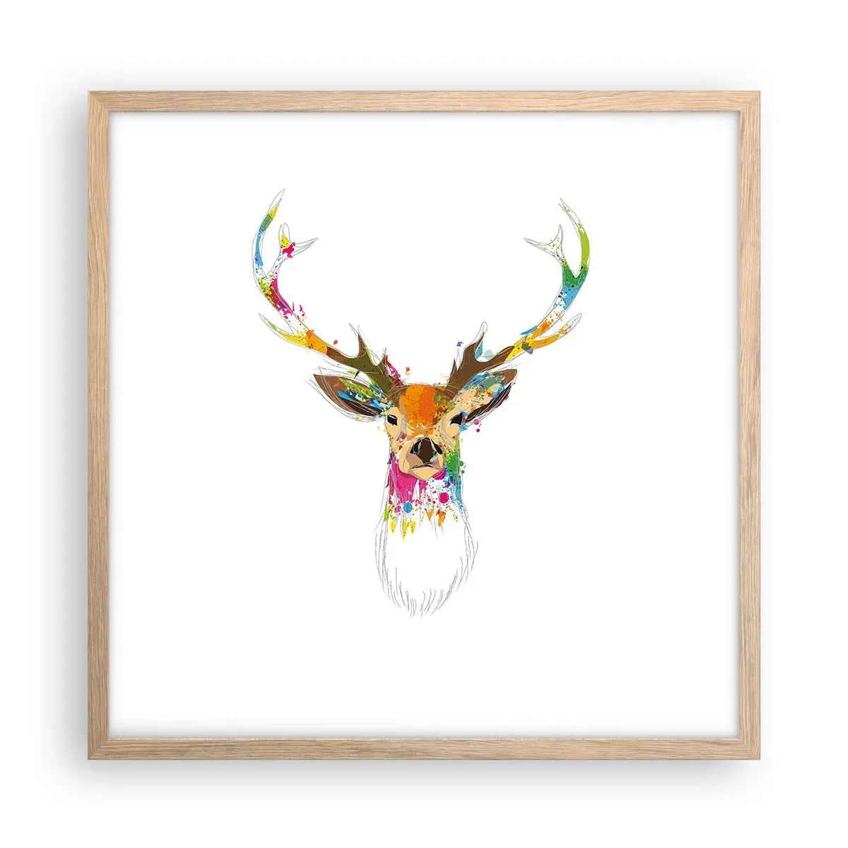 Een poster in een licht eiken lijst - Een zacht hert badend in kleur - 50x50 cm