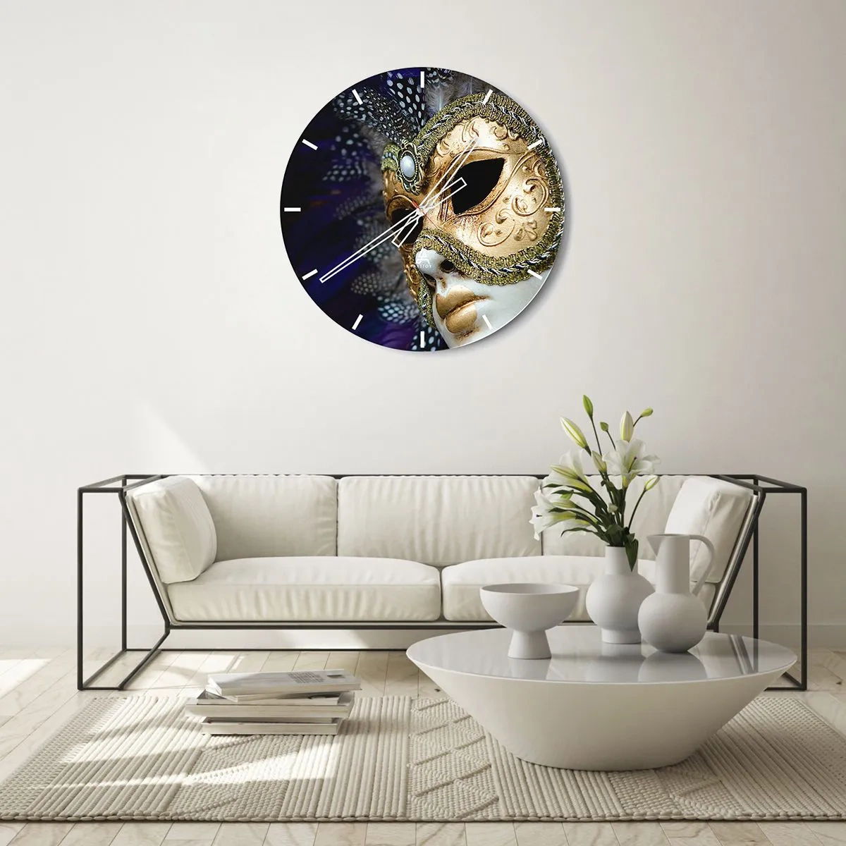 Wandklok - Klok - Gouden Venetiaans masker met veren - 30x30cm - Venetiaans portret in goud - Moderne wanddecoratie voor woonkamer, keuken en slaapkamer ARTTOR