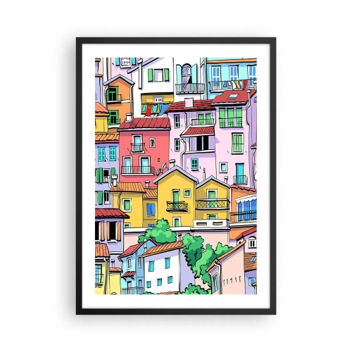 Poster in een zwarte lijst - Kleurrijke huurkazernes in illustratieve stijl - 50x70cm - Vrolijke stad - Moderne wanddecoratie voor woonkamer en slaapkamer ARTTOR
