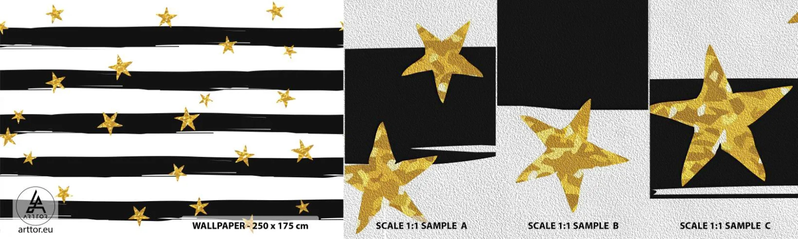 Fotobehang Monster Premium Sand - We zijn allemaal geboren onder een gelukkige ster - Grafisch, Gouden Ster, Zwart-witte strepen - 100x30 cm