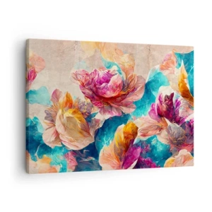 Schilderen op canvas - Kleurrijke bloemen op een beige achtergrond - 70x50cm - Kleurrijke pracht van het boeket - Moderne wanddecoratie voor woonkamer en slaapkamer ARTTOR