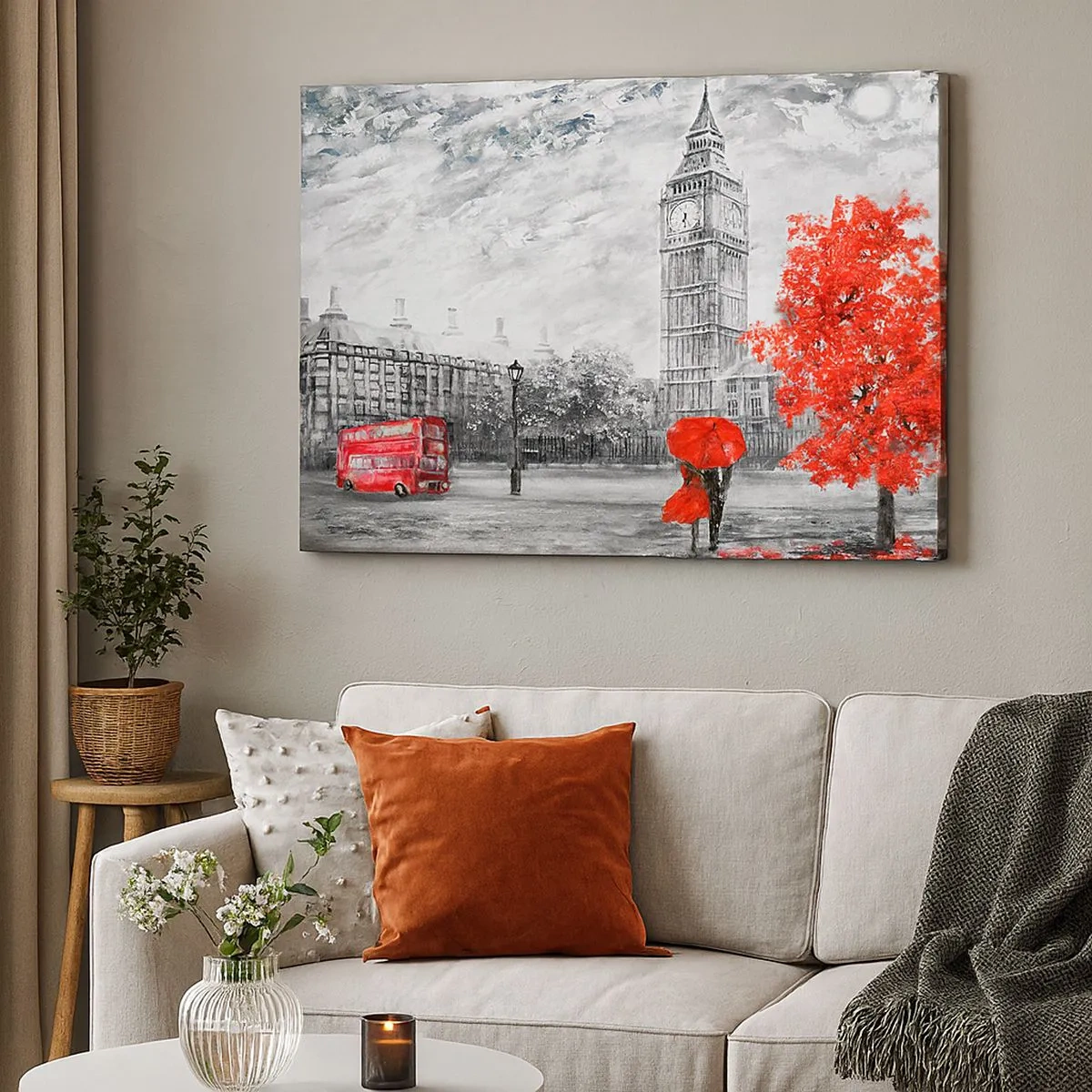 Schilderen op canvas - Iconisch uitzicht op Londen met Big Ben, een rode bus en een paraplu - 70x50cm - Een spannende dag - Moderne wanddecoratie voor woonkamer en slaapkamer ARTTOR