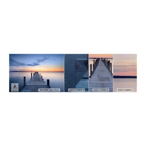 Fotobehang Monster Premium Canvas - De rust van een serene schemering - Landschap, Baai, Houten brug - 100x30 cm