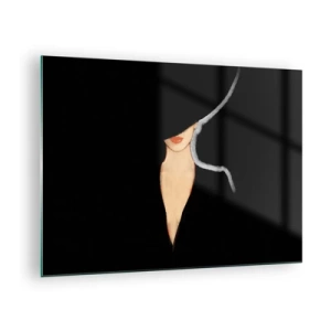 Schilderen op glas - Een subtiel portret van een vrouw tegen een zwarte achtergrond - 70x50cm - Elegantie en stijl - Moderne wanddecoratie voor woonkamer en slaapkamer ARTTOR
