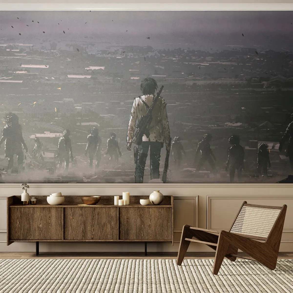 Fotobehang Standard Eco - Een eenzame krijger in een post-apocalyptische wereld met zombies - 100x70cm - Laatste Rechtvaardige? - Moderne wanddecoratie voor woonkamer en slaapkamer ARTTOR
