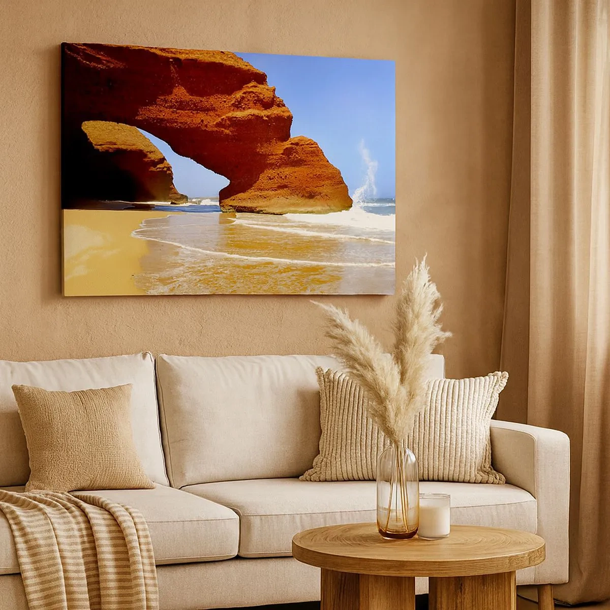Schilderen op canvas - Een natuurlijke rotsboog op een strand met blauwe luchten en golven - 70x50cm - Water en wind  al duizen jaren - Moderne wanddecoratie voor woonkamer en slaapkamer ARTTOR