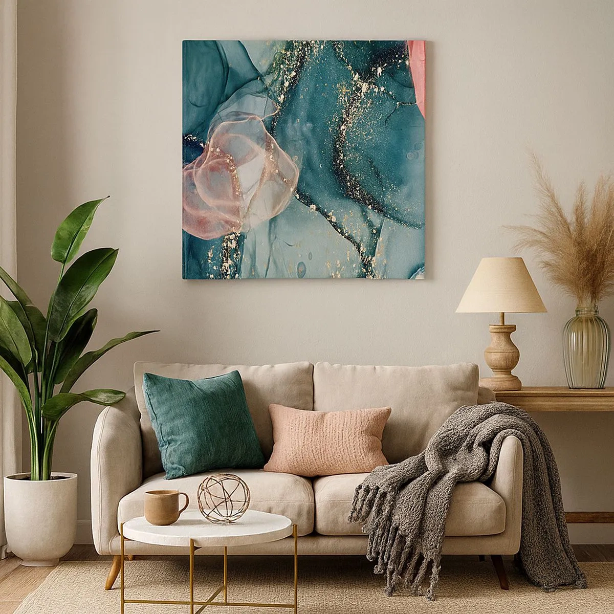 Schilderen op canvas - Zijdeblauw, tule roze - 30x30 cm